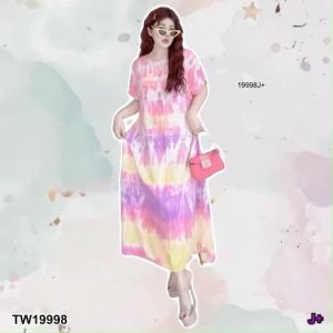 TW19998 เดรสยาวแขนสั้นมัดย้อม