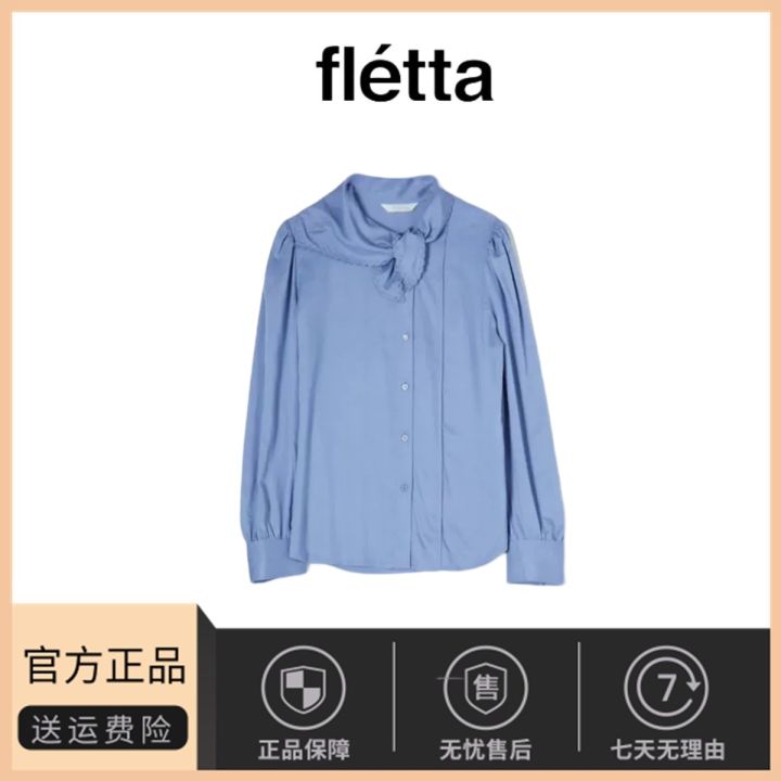 Fletta Sweet Silk Scarf Belted Long Sleeve Shirt Pure Color Single Button Scarf Collar French Style Straight Tube Shape Shirt