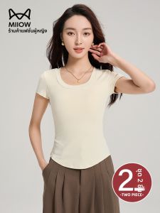 MiiOW | เสื้อยืดคอวีแขนสั้นผู้หญิงทรงสลิมฟิต ทรงหลวม ทรงพอดีตัว ผ้าคอตตอนผสมลินิน ทรงพื้นฐาน เสื้อยืดคอกลม