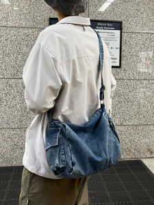 Mens Denim Canvas Bag: Casual Crossbody Shoulder Bag with Large Capacity for Youths Polyester Lining 13-inch Laptop Compatible