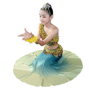 Lolanta Children Girls Traditional Folk Peafowl Dance Dress Fashion Elegant Teens Stage Perfomance Costume Top Skirt Suit