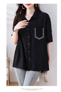 September Moori Black High-End Feel Ladies Shirt Mid-Waist Regular Sleeve Summer New Loose Large Size Belly Covering Top