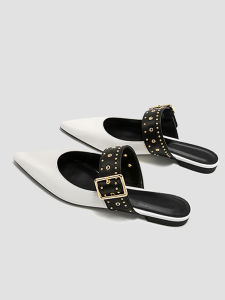 Metal Rivet Flat Bottomed Leather Sandals Womens Summer Outdoor Wear Low Heel Pointed Toe Slip-On Shoes Rubber Sole