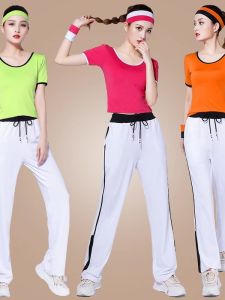 Fashionable Square Dance Outfit Womens New Team Uniform Fitness Performance Sportswear Casual Two-Piece Set Long Pants Short Sleeve round Neck