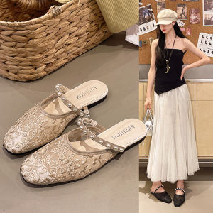 DIANCHA | Net Lace Embroidered Covered Head Summer Easy-on Pearl Decorated Mules