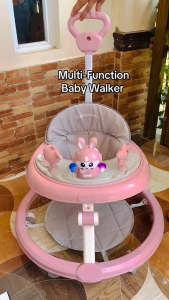 Beige Baby Walker Boy&Girls Foldable Anti-O-Leg Anti-Tip Adjustable Height Multifunctional Learning Cart With Music Light Handle Toy Walking Trainer
