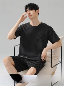 miiow | Mens Summer Sleepwear Lightweight Breathable Pure Cotton Short Sleeve Shorts Casual Simple Home Clothes MiiOW Cat Person