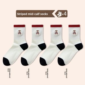 JIAZINI | Cute Bear Embroidery Design Cotton Bottom Breathable Mid-Calf Socks
