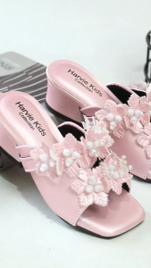 Harvie Kids - Sandal Pesta Anak Perempuan Hak 3cm Selop Motif Bunga Mutiara | HR042