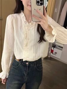 เสื้อเชิ้ตแขนยาวสไตล์ฝรั่งเศสสำหรับผู้หญิง เสื้อเชิ้ตแฟชั่นฤดูใบไม้ร่วง ดีไซน์เก๋ไก๋ เสื้อเชิ้ตสไตล์ฝรั่งเศส คอวี ทรงปกติ