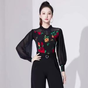 Women Mesh Splice Latin Dance Top Elegant Standard Ballroom Dance Costume Summer Dance performance accessories Dancewear top