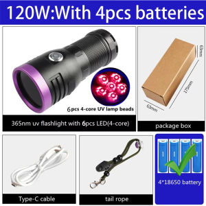 High Power 365nm UV Flashlight 180W LED Ultraviolet Lamp Black Mirror Purple Light Pet Urine Tinea Ore Fluorescer Detector