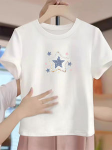 Pure Cotton Short Sleeve T-Shirt Womens Fashion Summer 2025 Shoulder Length Design round Neck Short Style Top Commute Straight Cut