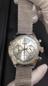 MAX ChronoMax Chronograph with Tachymeter Watches Silver Steel Case Silver Dial Mens Mesh Band Watch 44mm 5-MAX664
