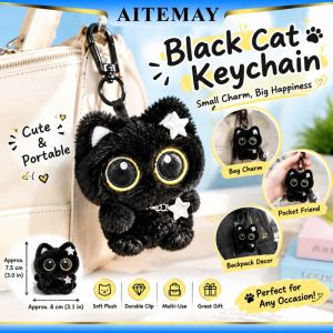 Aitemay Cute Black Cat Plush Keychain Big Eye Kitten Pendant Soft Stuffed Animal Bag Charm Durable Metal Clip Car Keyring Accessory Gift For Girls