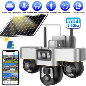 Camera Năng Lượng Mặt Trời V380 Pro Ngoài Trời Wifi Bảo Mật 3 Ống Kính PTZ IP 15MP Tầm Nhìn Ban Đêm Giám Sát Nhà Thông Minh Màu Xám Đậm