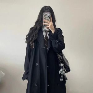 Black Medium-Length Coat for Women Thin British Style Spring Autumn Fashion Small Size Commuter Polyester Fiber Long Sleeve