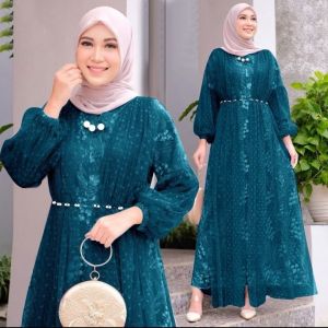 Gamis Elegan Jahwara Motif Geometris dengan Lengan Puff dan Kerah Bulat - Warna Peach/Abu Tua/Krem/Biru Muda