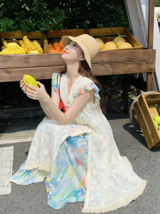 Summer New Soft Style Sweet Two-Piece Set Long Dress Lace Embroidery Oil Painting Print Womens Dress A-Line Midi Skirt