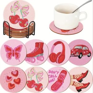 other | 8 Pieces/Set of Beautiful Patterned Diamond Painted Coaster Set Sparkling Rhinestone Heat-Resistant Beverage Mat with Holder DI