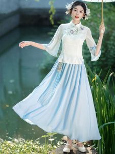ชุดกี่เพ้าผู้หญิงสไตล์จีนโบราณปักลายแขนยาวฤดูร้อน เสื้อผ้าชาติพันธุ์ฮั่นฟู กระโปรงสั้น สไตล์จีนโบราณ