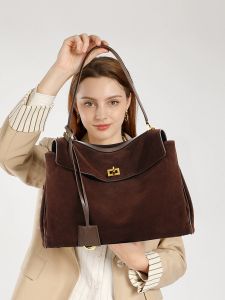YIMO Suede Autumn Winter Suede Cowhide Rodeo Tote Bag Genuine Leather Commuter Large Capacity Shoulder Handbag Bag