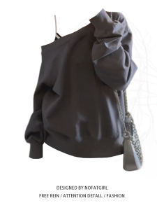 Zhao Lusi Same Style Gray Long Sleeves Diagonal Collar off-Shoulder Sweater Female Spring and Autumn 2024 New Arrival Best Selling Loose Tops Tide