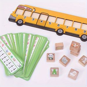 Wooden Animal Bus Puzzle Educational Math & Logic Learning Toy – Multi-Card Calculation Skills Trainer Montessori Preschool Toy Perfect Christmas Gift
