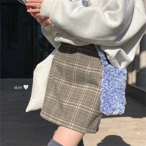 กระโปรงสั้นทรงเอเอวสูงผ้าขนสัตว์ลายสก็อตสไตล์เกาหลีสำหรับผู้หญิงไซส์ใหญ่ กระโปรงสั้นทรงเอป้องกันแสงสะท้อนในฤดูใบไม้ร่วง