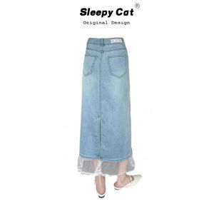 Váy Denim Xếp Ly Sleepy Cat Cạp Cao Chữ a Cạp Cao Mùa Hè Cho Nữ Váy Midi Hở Lưng Váy Denim Xếp Ly Ren Viền