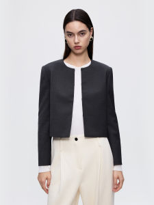 LANCY FROM 25 | Lancy From 25 Grey Woolen Short Jacket Womens Round Neck Box Type Winter New Style Commute Style Button Design Regular Sleeve