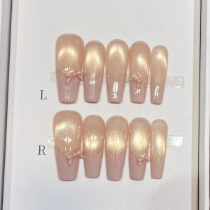 10PCS Long French Fake Nails Cat Eye Glossy Bowknot Gold Cat Eye T Shape Nail Art for Women DIY Party Wearing