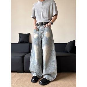 กางเกงยีนส์ทรงตรงทรงหลวมสำหรับผู้ชาย สไตล์ย้อนยุค สีอ่อน ทรงหลวม กางเกงขายาวทรงตรง กางเกงขายาวทรงตรงสำหรับใส่ไปเที่ยวในเมือง