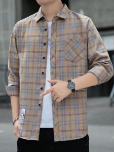 Blue Casual Gingham Shirt Men Summer Sun Protection Shirt Coat Long Sleeves Boys Handsome Pure Cotton Spring and Autumn Top