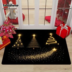 VIKAMA Golden Christmas Tree Doormat Black Light Up Xmas Tree Welcome Mat Non Slip Flannel Floor Rug for Front Door Entryway