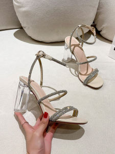 Elegant Crystal Buckle High Heels Roman Style Sandals Womens Summer Fashion Large Size 41-43 Glittering Strap Glue Sandals