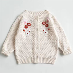 Spring 2024 Girls Cotton Knitted Sweater Cardigan Hand Embroidered Flower Baby Coat Long Sleeve round Neck Casual Style Knitwear