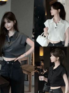 Áo Thun Cổ Polo Giản Dị Hở Eo Phong Cách California Thời Trang Nữ Áo Thun Tay Ngắn Dáng Rộng Màu Trơn Mùa Hè Thường Ngày