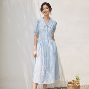 Blue A-Line Long Dress Womens Summer New Commute High Waist Bubble Sleeve Shirt Dress Slimming Korean Style Cotton 100%