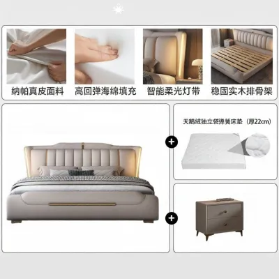Luxurious Italian Style Bed Queen Size 1.8x2m Master Bedroom Large Bed Leather Art Wooden Frame Genuine Leather Wedding Bed