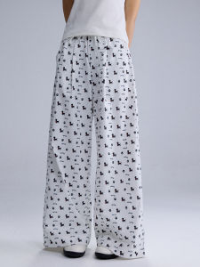 Heyabc Spring Summer Vintage Dog Print Wide Leg Pants Women Loose Slimming Drapey Straight Cut Long Trousers Casual Fashion