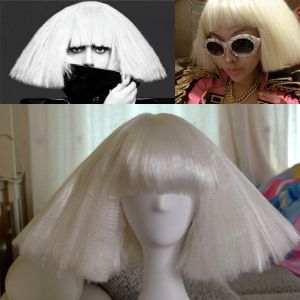 Lady Gaga White Short Style Explosion Broom Head Colorful Wig Nightclub Cosplay Fake Hair Full of Body Curly Fake Hair