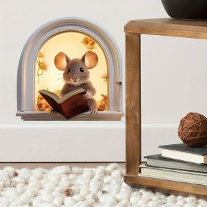 VIKAMA Cửa Sổ Hình Vòm 3D Dán Tường Tự Dính Thiết Kế Hình Chuột Đọc Sách Cho Phòng Khách Tiền Sảnh Trang Trí Chống Thấm Nước Chống Trầy Xước