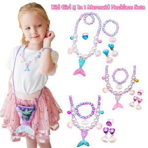 5 In 1 Mermaid Shell Pearl Necklace Pendant Earrings Ring Set Sequin Mermaid Tail For Kids Jewelry