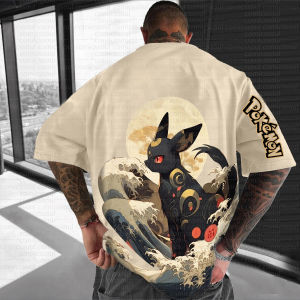 Bandai | Summer 2026 Pokemon Cotton T Shirt Eevee Back Print Black Body Red Eyes Golden Patterns and Wave Design Loose Fit Men Women