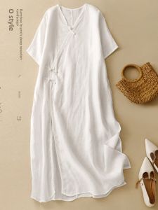 Big Sale Leak-Picking ~ New Chinese Style Crossbody Buckle Linen Dress Womens Short Sleeve High Slit V Neck Tea Clothes Cotton and Linen Dress