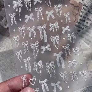 1Pcs 5D Elegant White Lace Bow Nail Stickers French Style Pearl Outline Ribbon Self Adhesive Nails Decals Simple Manicure Decor