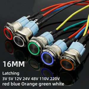 16mm 3V 5V 12V 24V 220V red blue orange green white Light Hot Car Auto Metal LED Power Push Button Switch Latching Type On-off