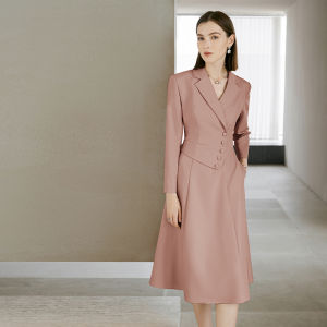 Elegant Business Womens Dress Fake Two-Piece Midi Skirt Short Sleeve Polyester V-Neck Waist-Cinched Autumn New Arrival