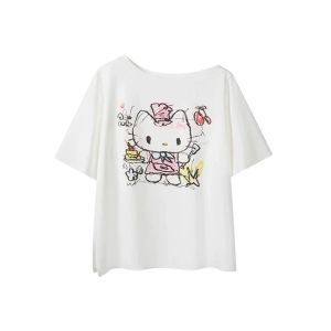 YUEZHONGWEI | American Cartoon Cat Print Asymmetrical Shoulder White Short Sleeve Womens T-shirt Summer Loose Fit Open Shoulder Top